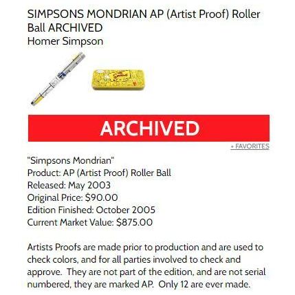 Full Set of all 8 Homer Pens - each an Artist Proof - New w/ Simpsons Yellow Tin